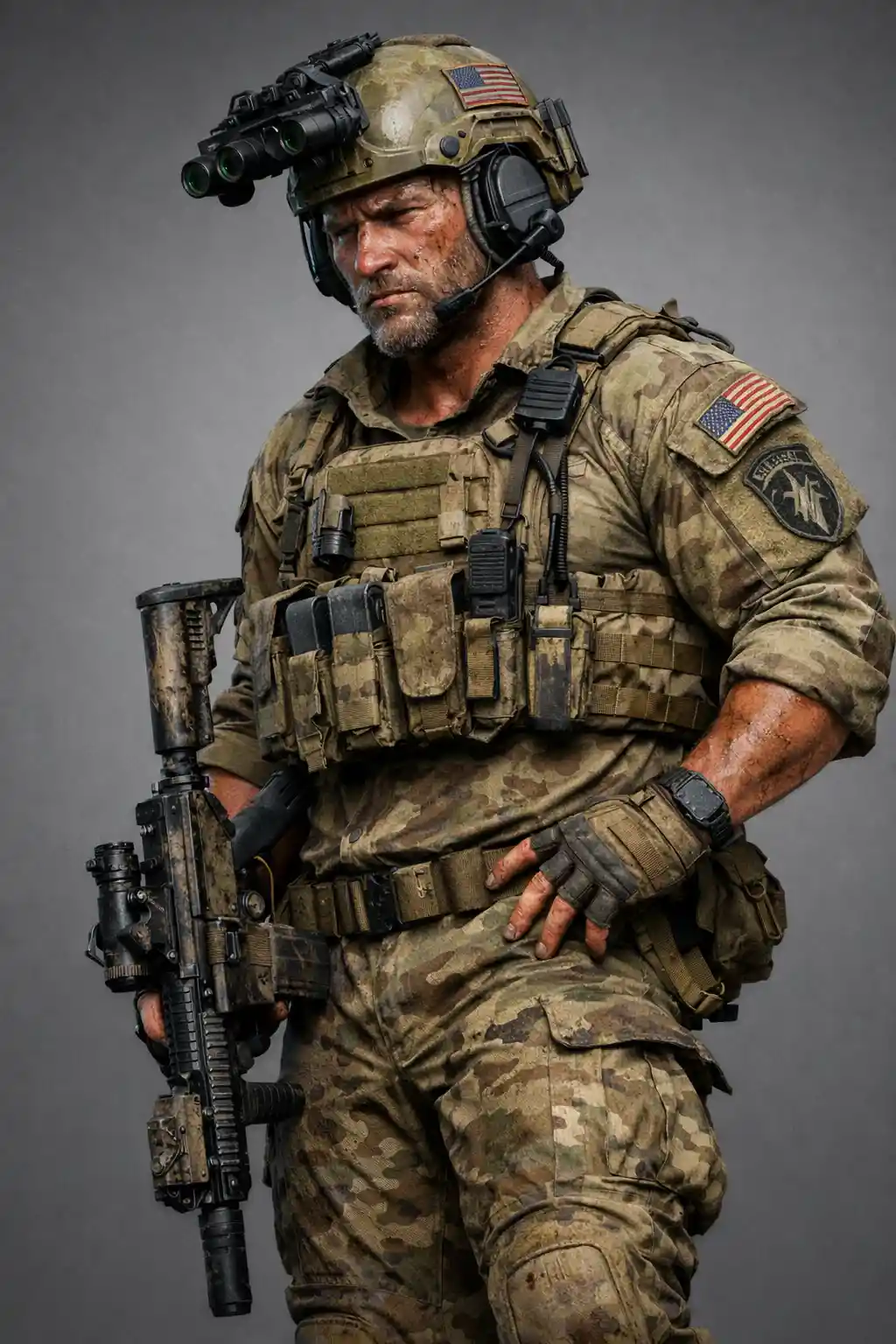 Full body 3D render of a tired US Army soldier