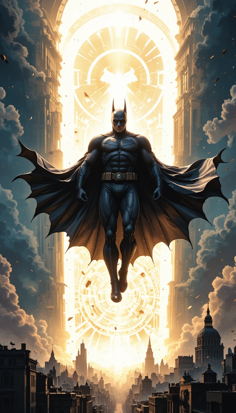 Heroische gestalt mit umhang schwebt bei dämmerung über gotham city