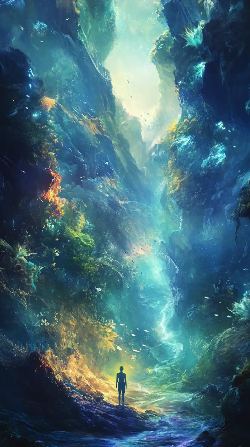 Einsame Gestalt in einer mystischen Fantasy-Berglandschaft