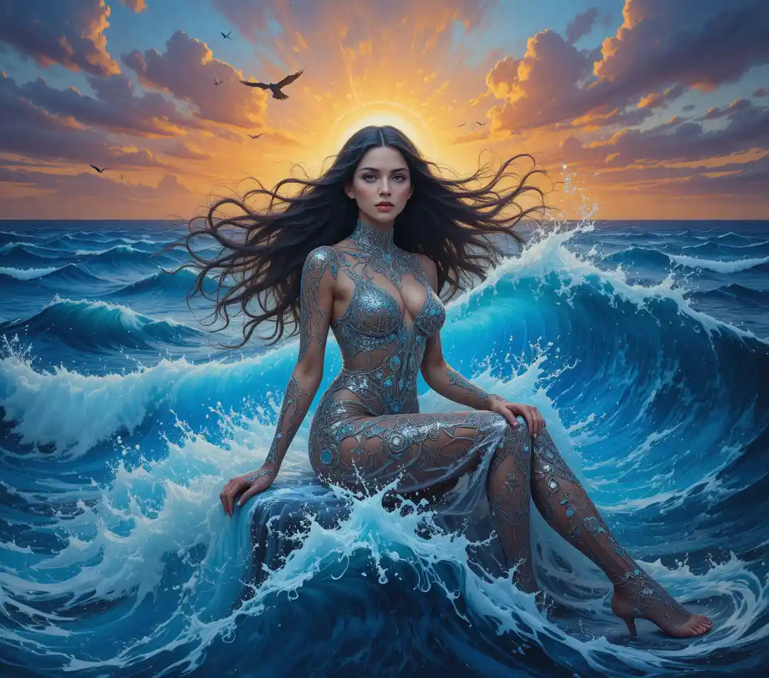 Ethereal woman standing on a glowing deep blue ocean wave