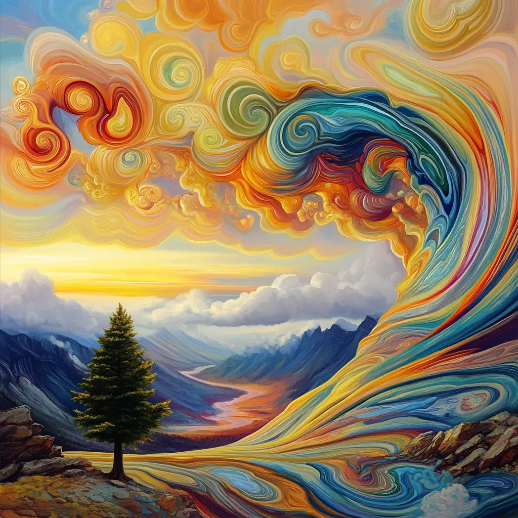 Vibrant rainbow swirls over mountains with a solitary tree