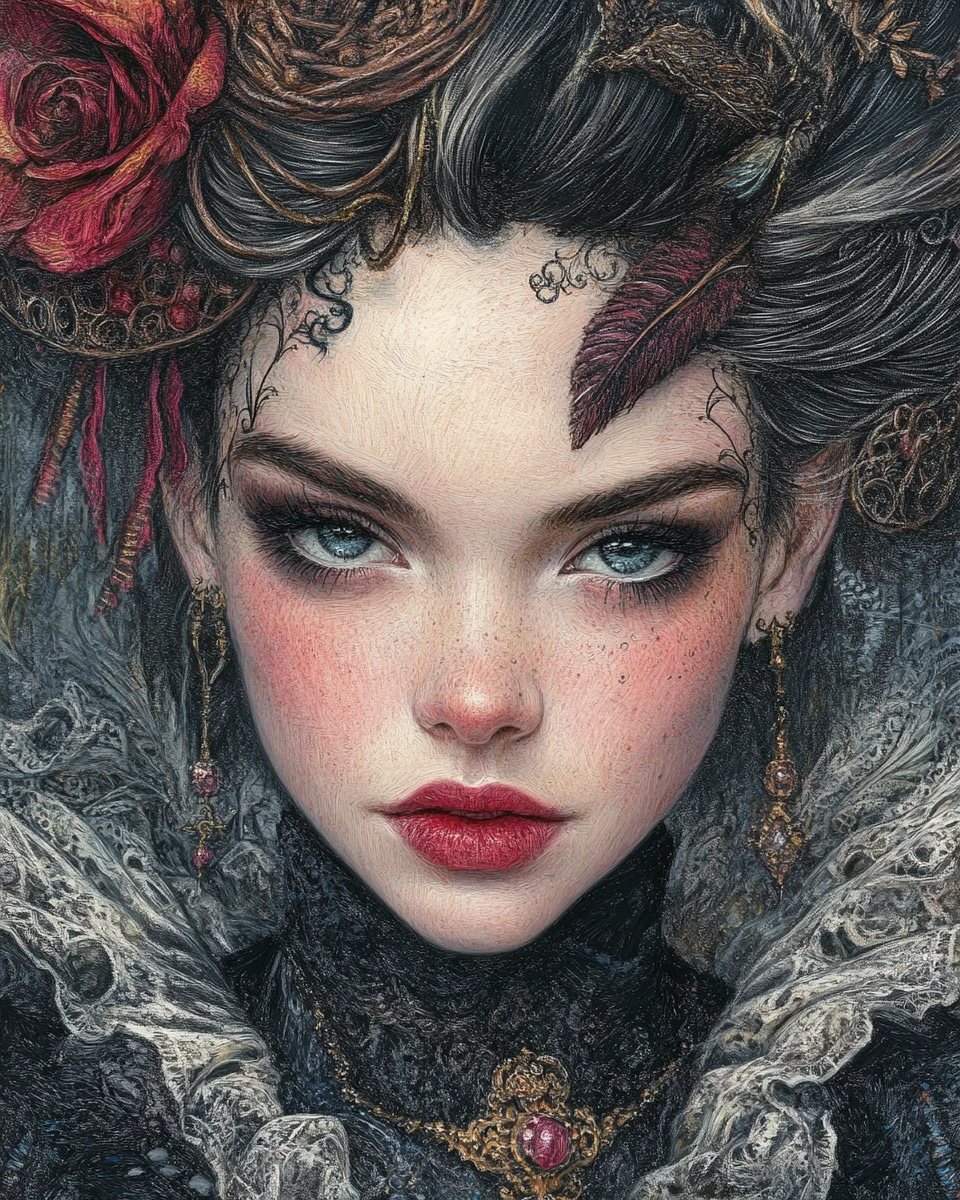 Gothic-Fantasy-Porträt einer Frau mit aufwendiger Rokoko-Frisur