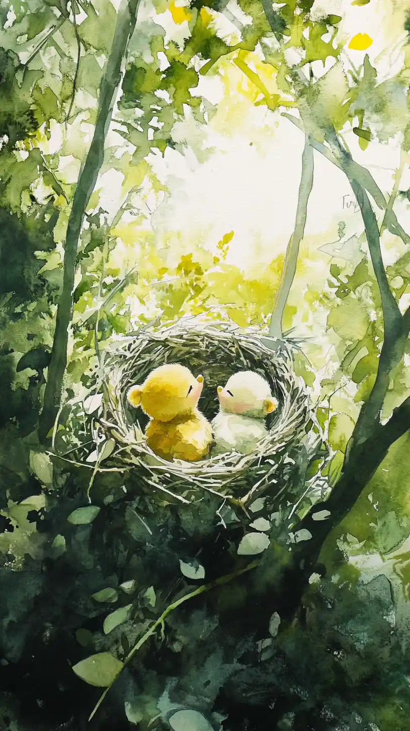 Close up watercolor illustration of cartoon cat in garden nest