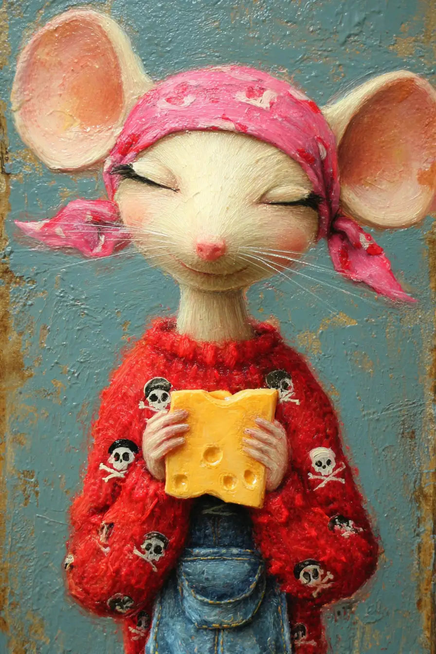 Slim mouse lady biting cheese in mixed media portrait