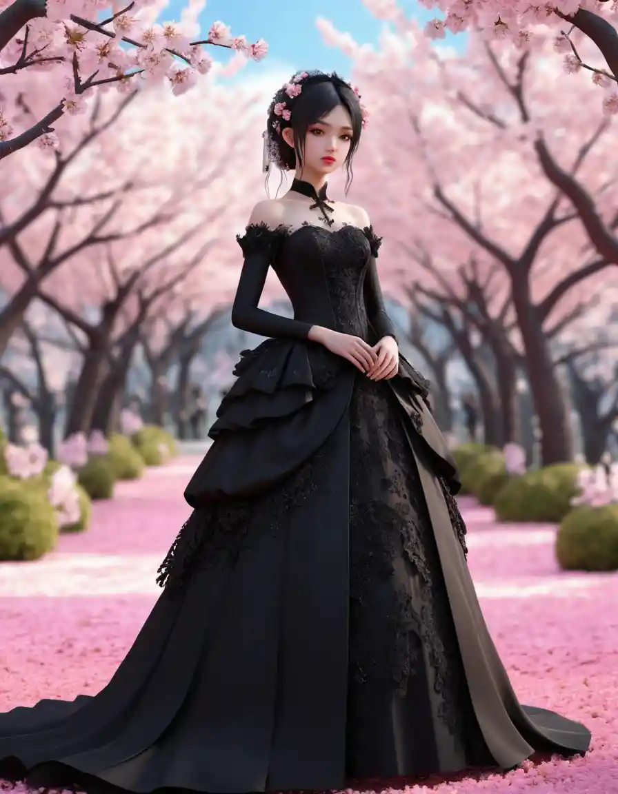Gothic anime bride in black gown under cherry blossoms