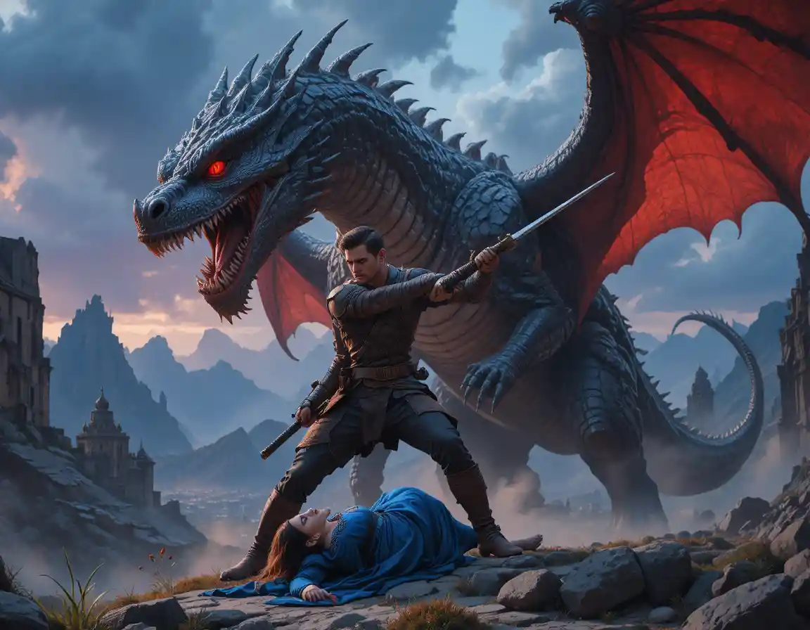 Guerriero di fronte a un drago mostruoso in una tempesta rocciosa