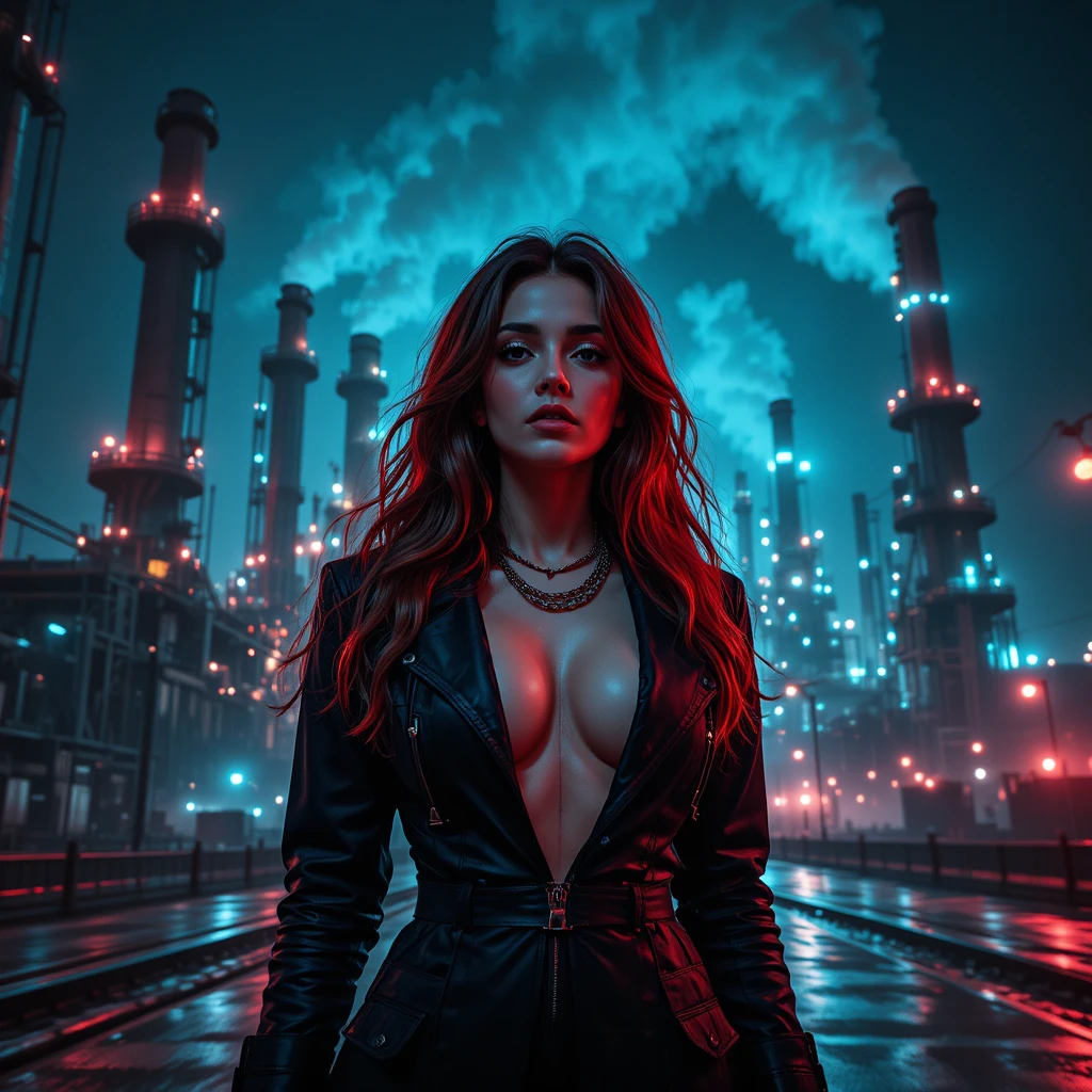 Cyberpunk-Frau unter riesiger Industrie-Raffinerie bei Nacht