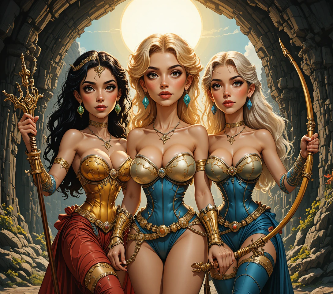 洞穴中身穿金色盔甲的三位奇幻女戰士
