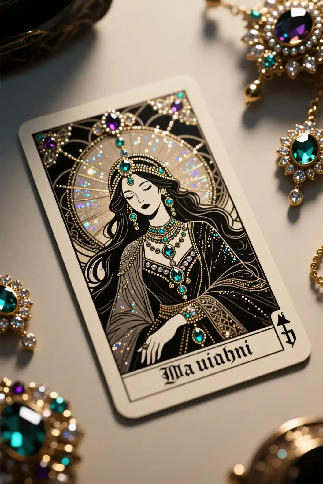 Gothic-Tarotkarte mit juwelenbesetzten Boho-Details