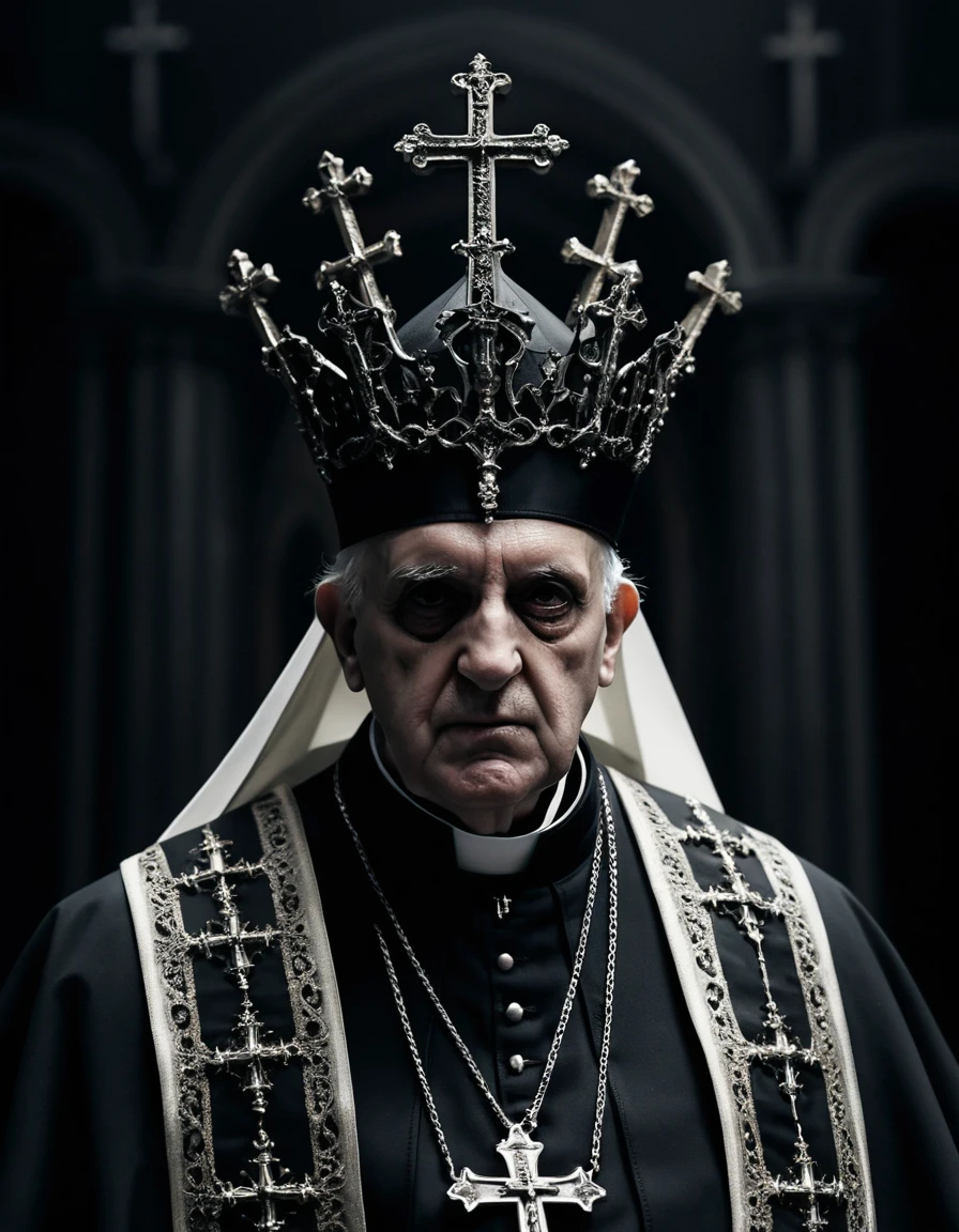 Papa oscuro con túnicas ortodoxas negras y cruces invertidas
