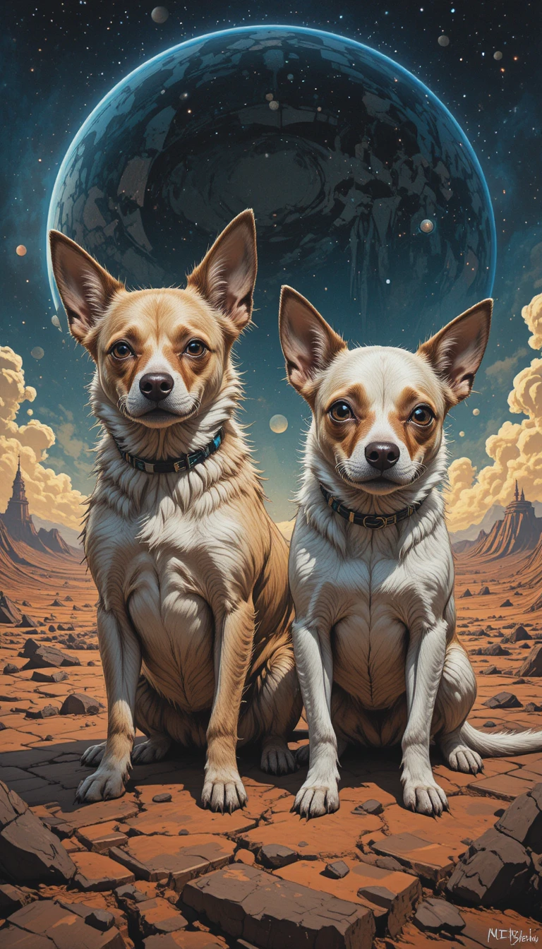 Zwei kontrastierende lustige Hunde in einem Sci‑Fi-Panoramagemälde