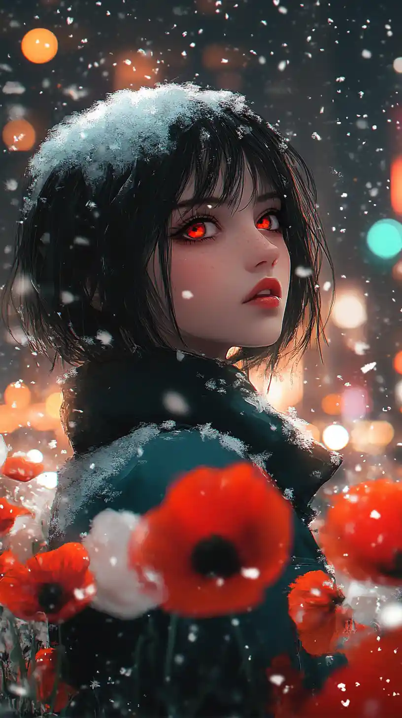 Anime girl in snow with red poppies at night