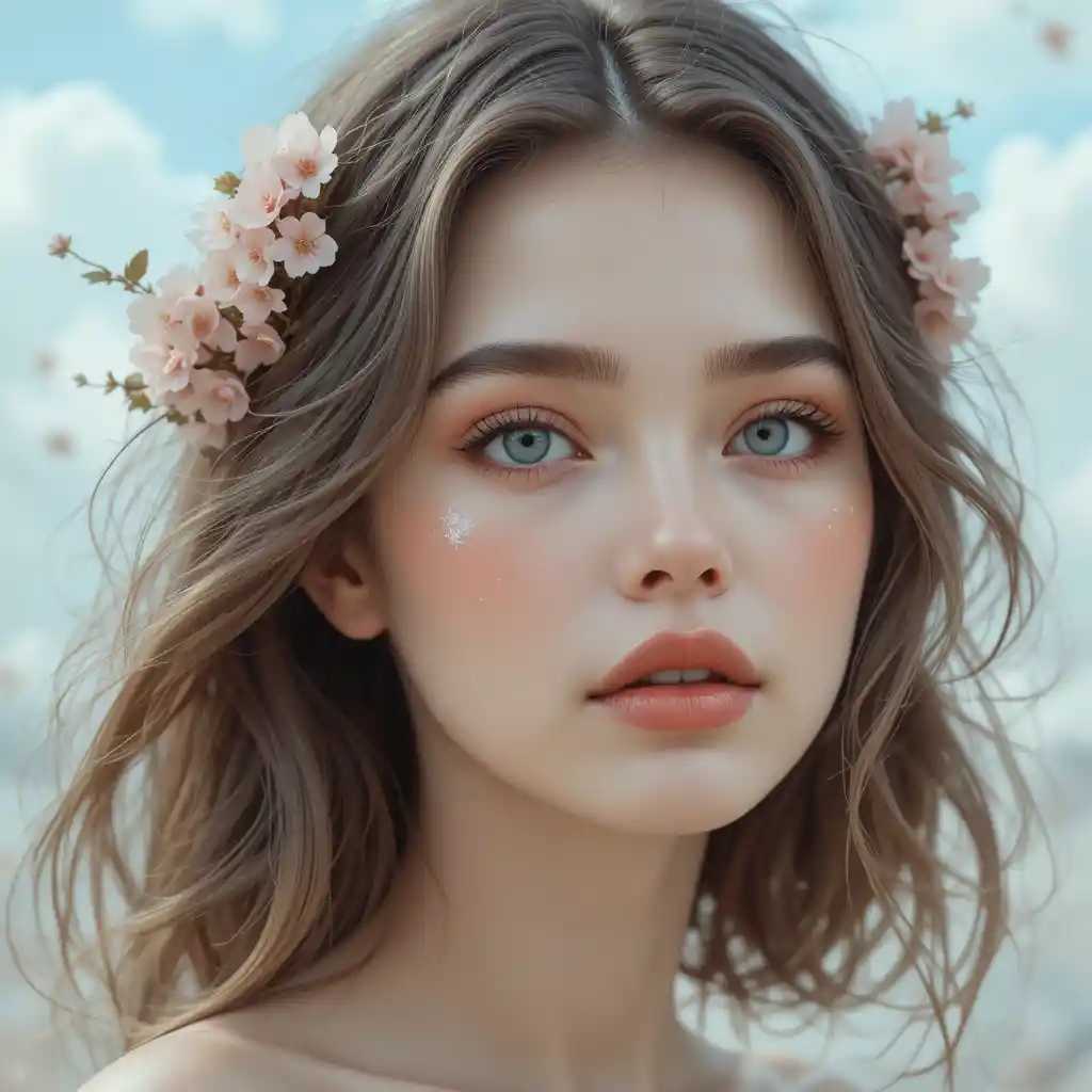 Chica de ojos azules con flores de cerezo y piel radiante