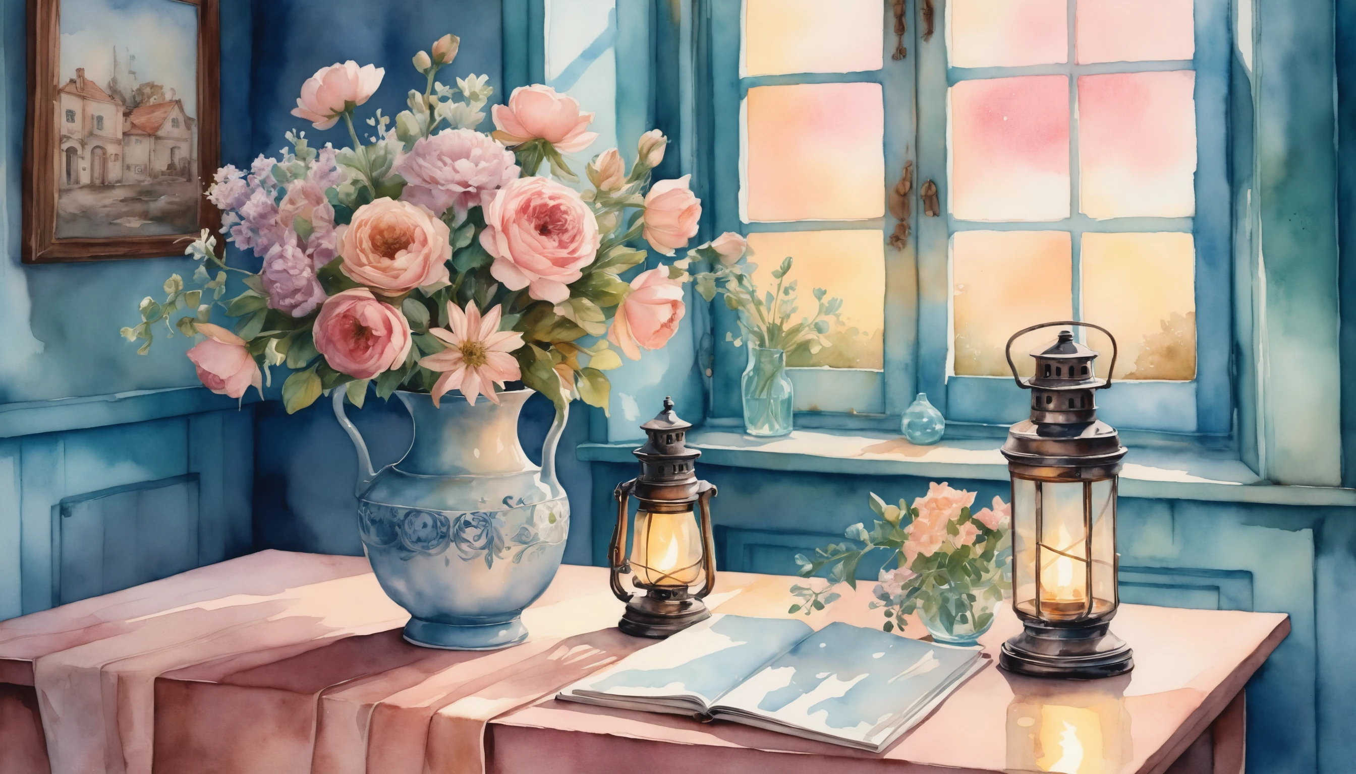 Buquê romântico em aquarela estilo mangá ao lado de presentes e lamparina a óleo