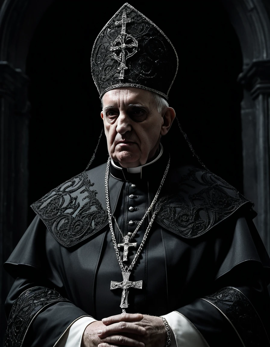 Dark Orthodox pope figure shrouded in ominous shadows