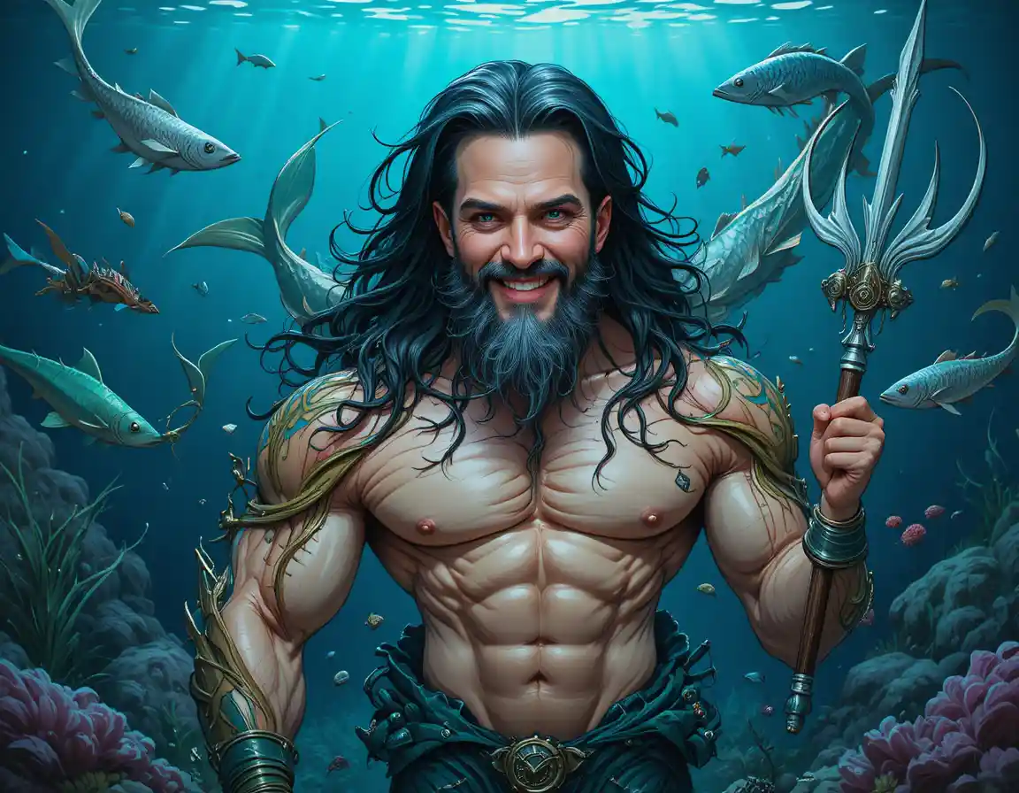 Muskulöser Meermann-Krieger in dunkler Unterwasser-Fantasieszene