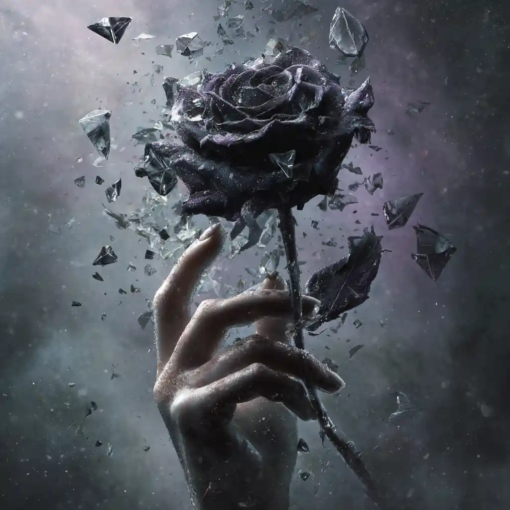 Pale hand holding a black rose amid floating glass shards