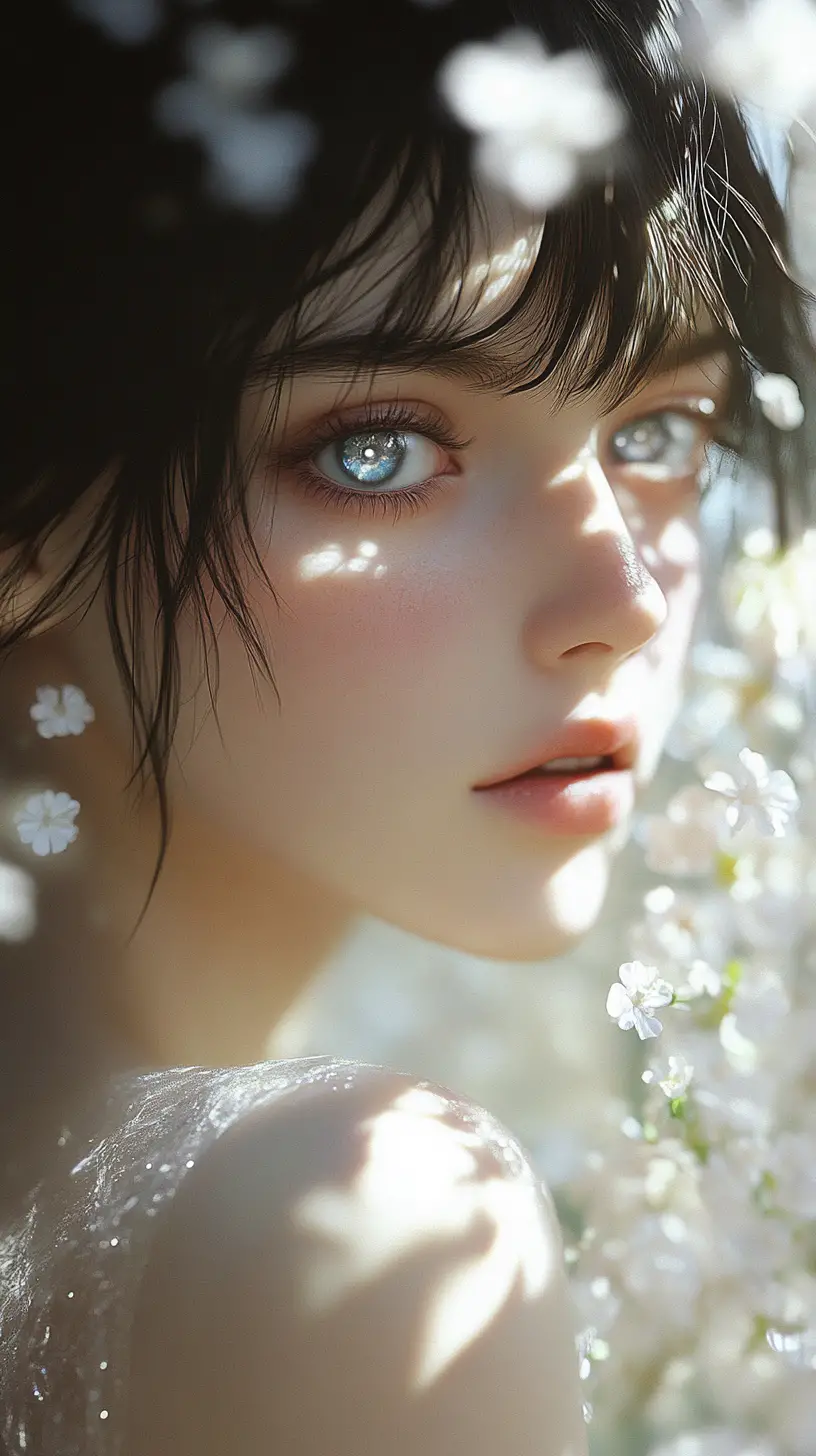 Anime girl portrait with luminous bokeh and flowers