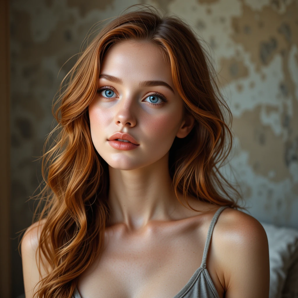 Serene young woman portrait in soft warm indoor light