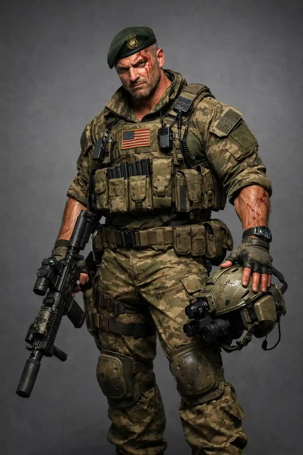 Battle worn green beret soldier in 3d full body render