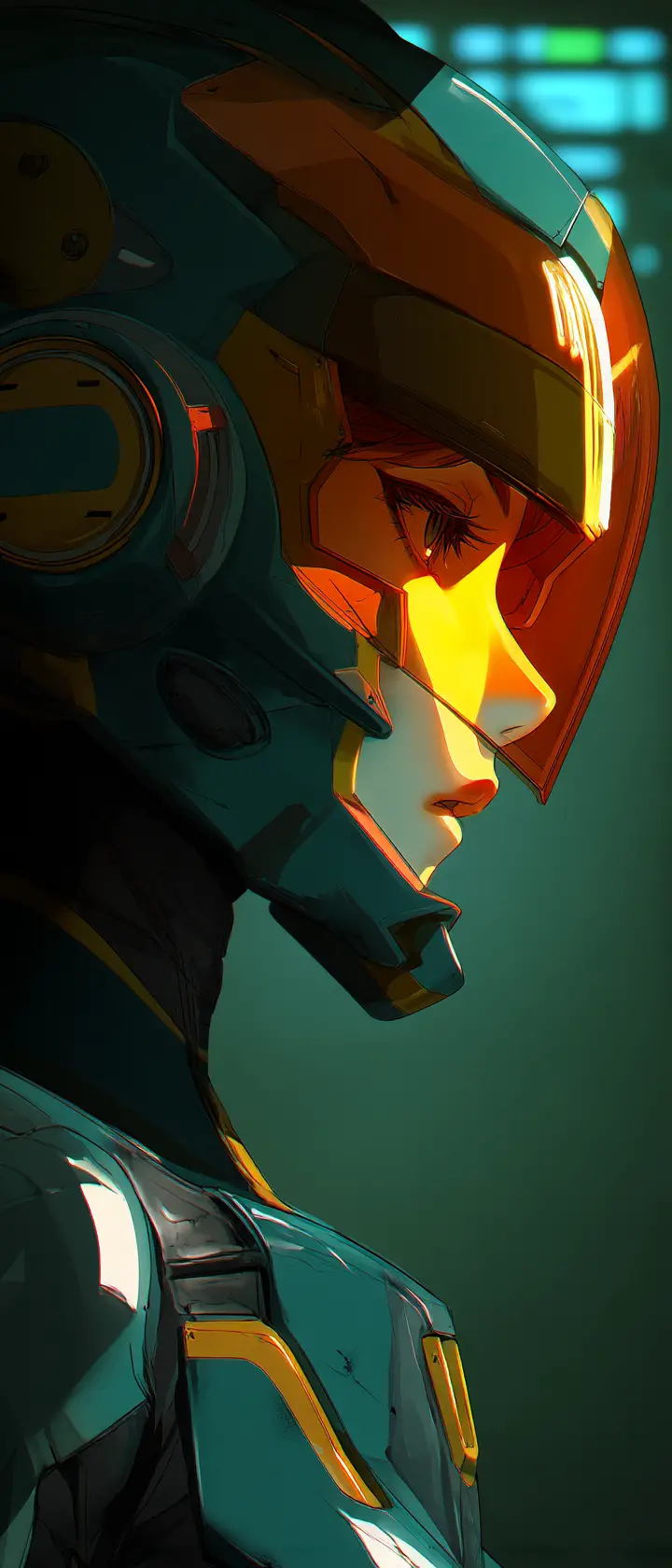 Anime mecha pilot in neon lit spaceship cockpit profile