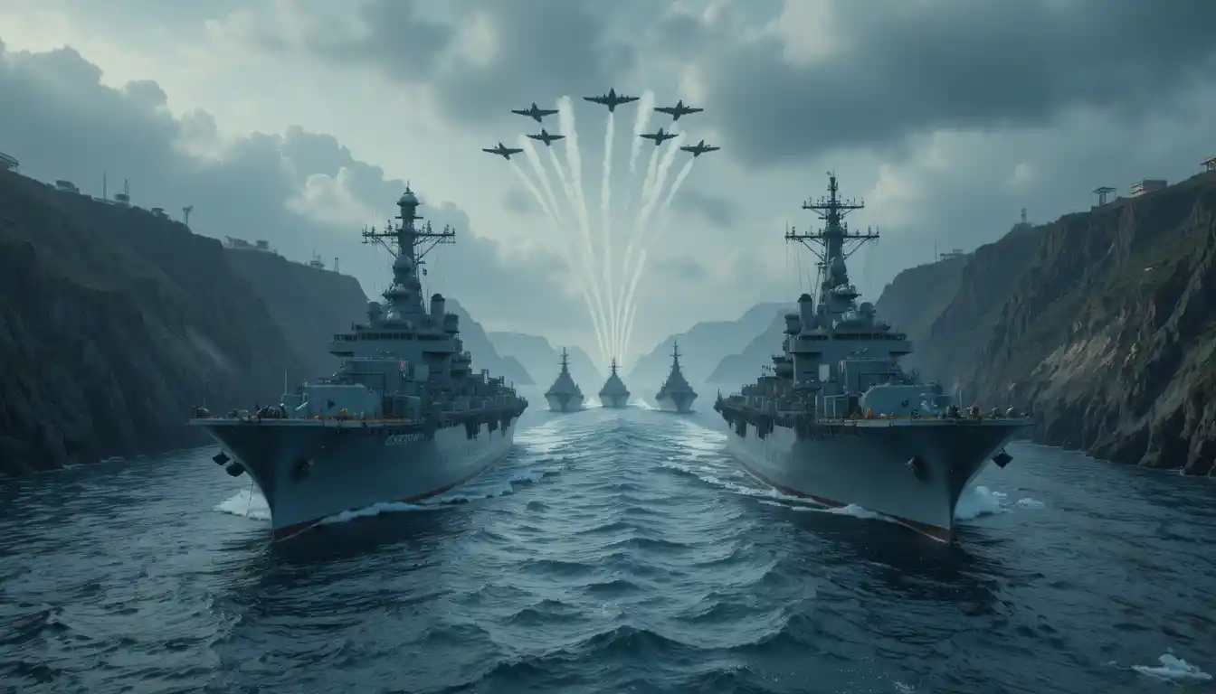 Massive convoy of tankers and warships in rocky strait