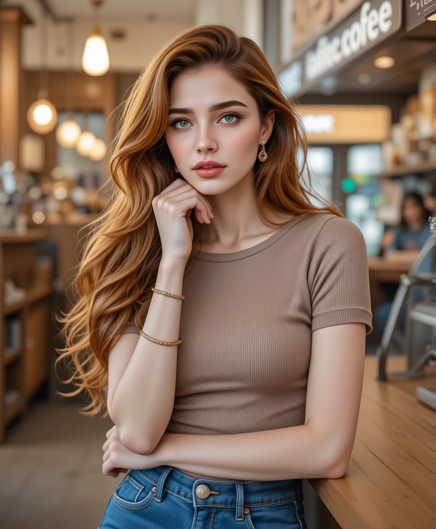 Redhead woman portrait in a modern coffee shop