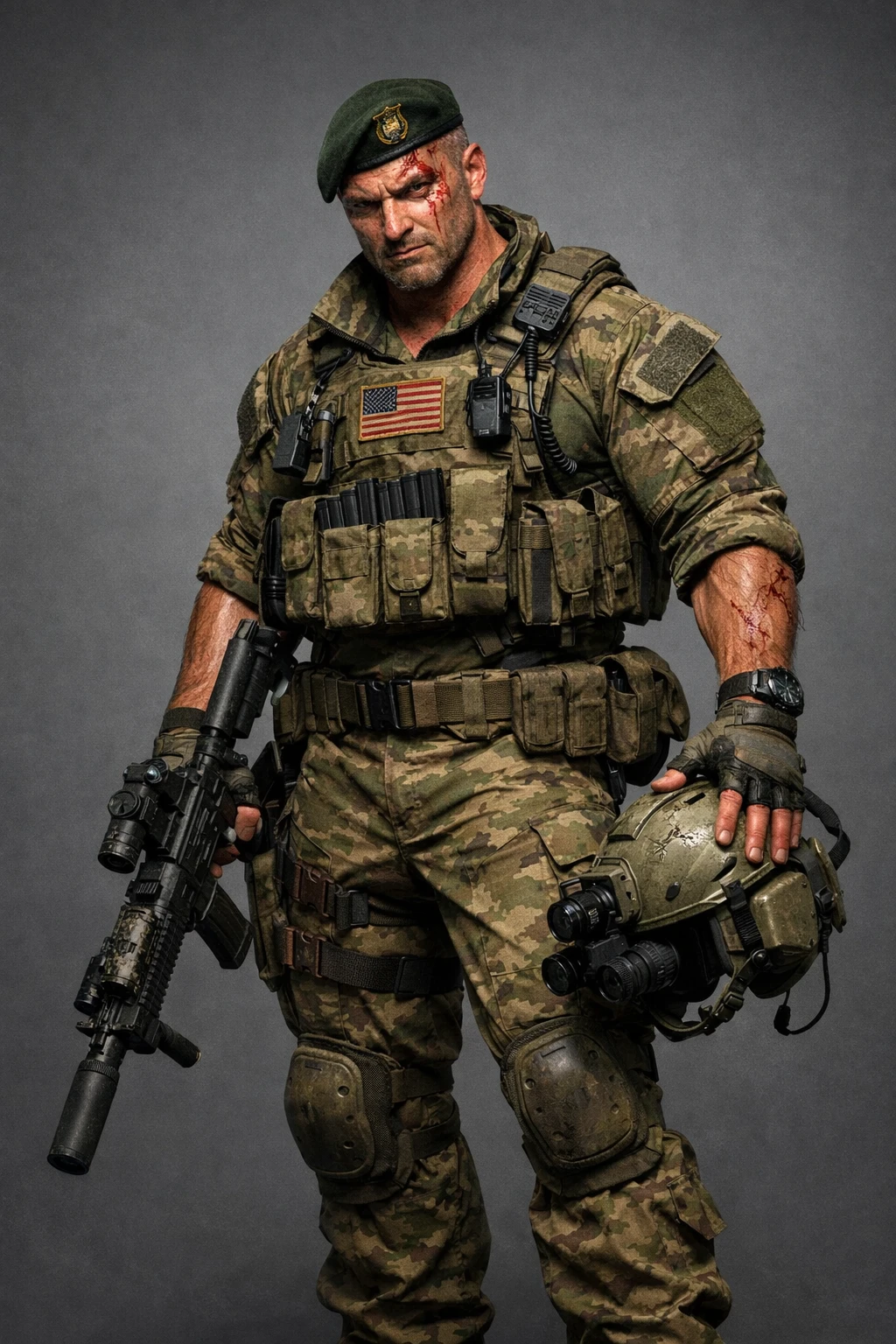 Soldat béret vert marqué par la bataille en rendu 3D corps entier