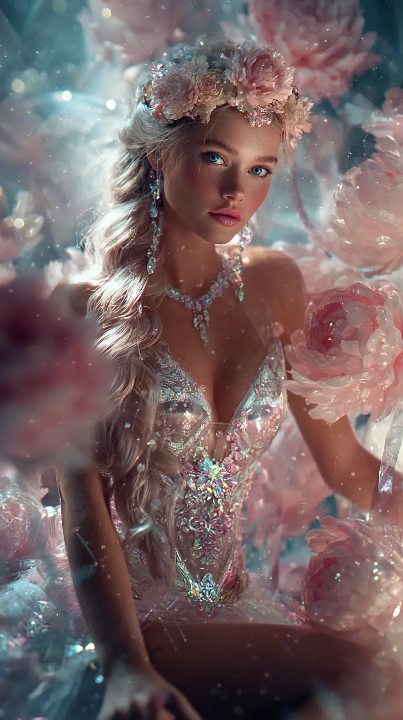 Fantasy nymph woman in peony flowers with shimmering dress
