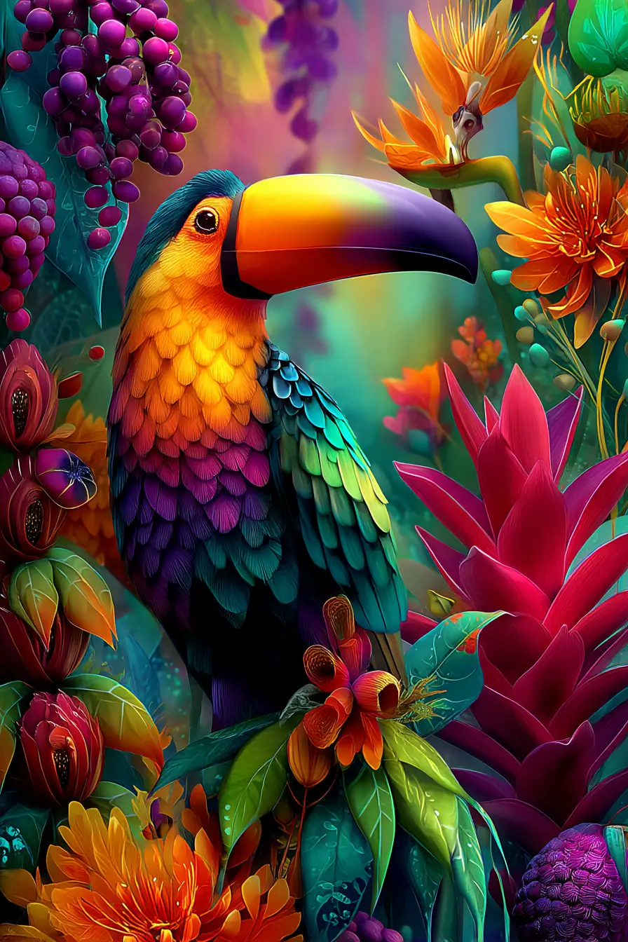 Colorful toucan portrait in lush tropical jungle
