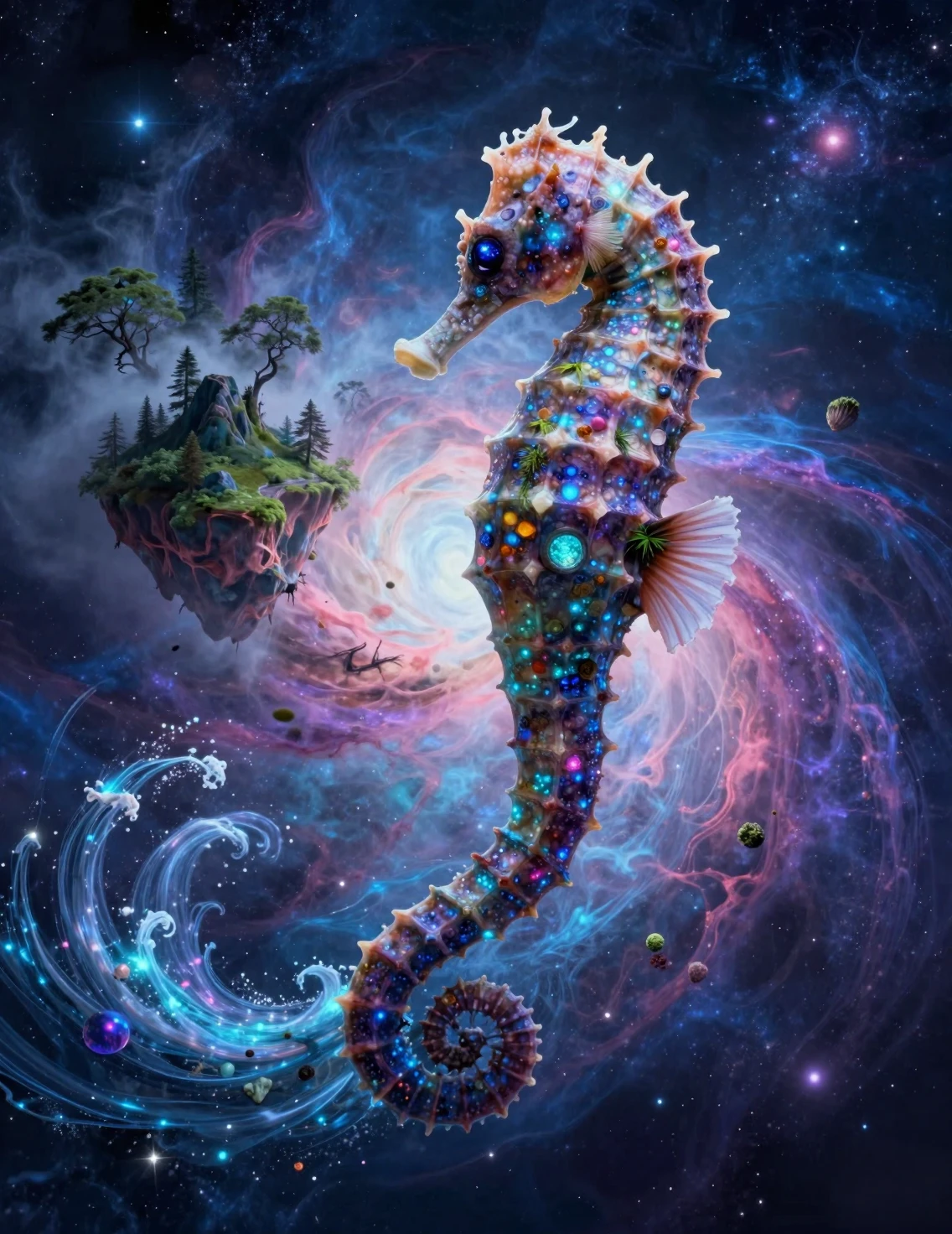 Colossal cosmic seahorse gliding through a glowing nebula