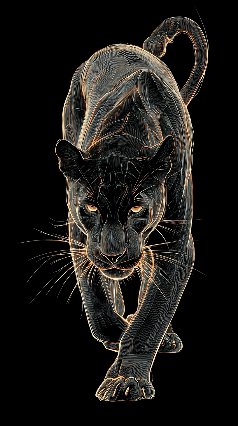 Neon lit panther leaping from a dark shadowy void