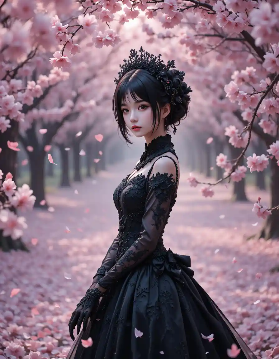 Gothic anime bride among falling black cherry blossoms