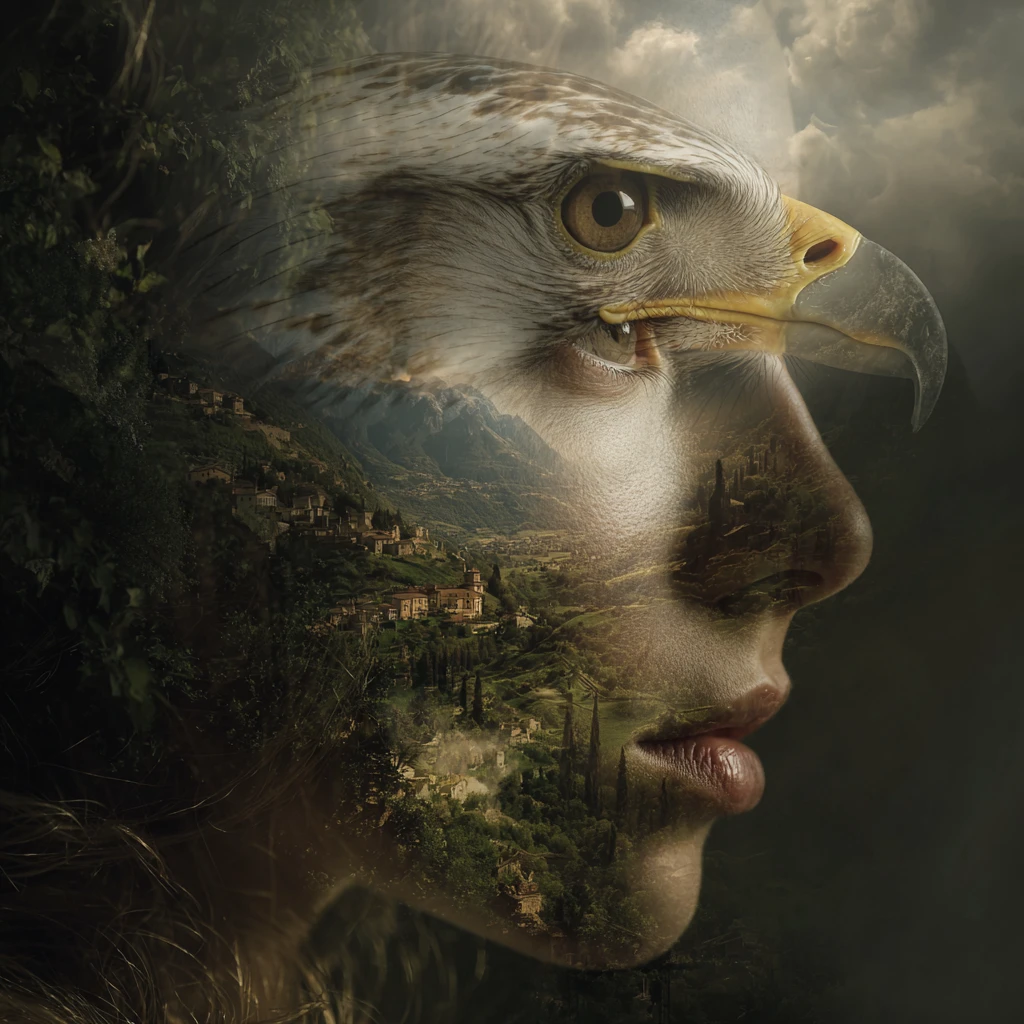 Surreal portrait of woman merging with eagle facing the camera