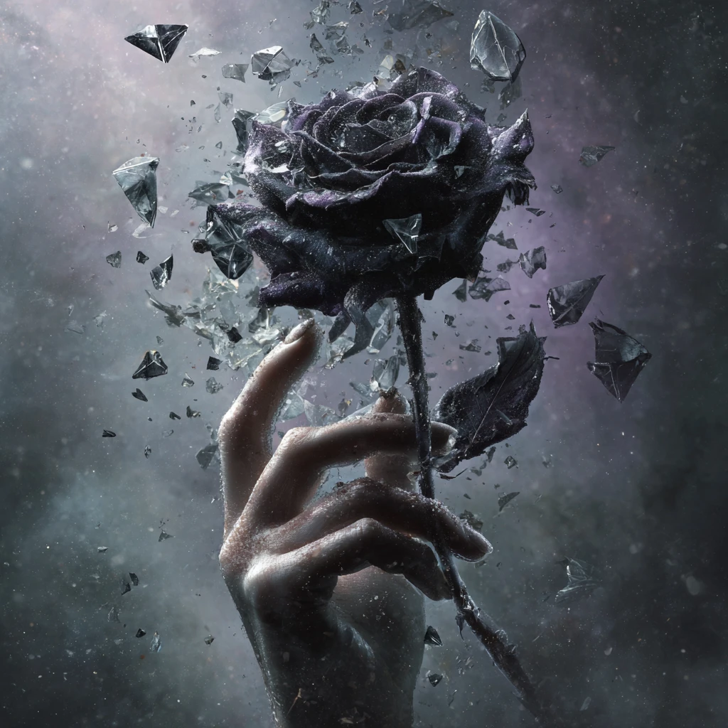 Pale hand holding a black rose amid floating glass shards