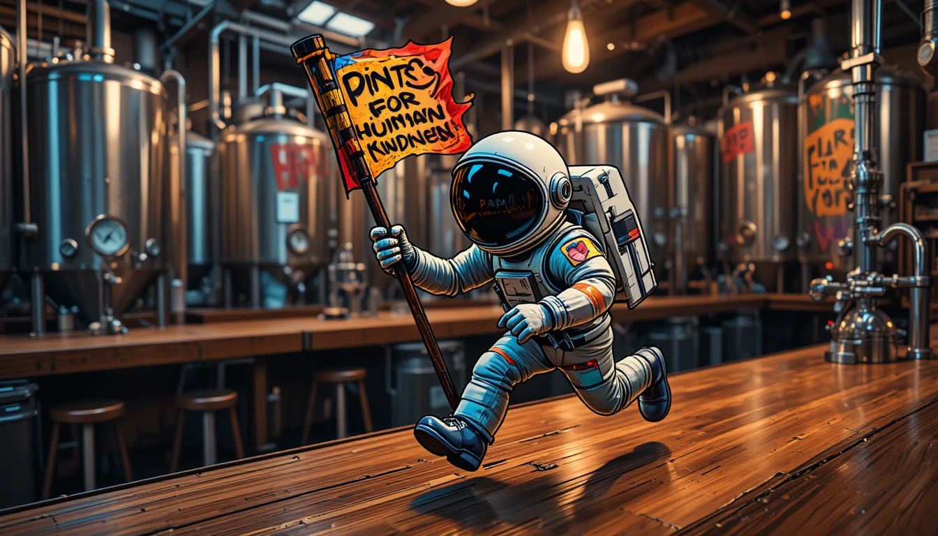 Minuscule astronaute courant sur un bar avec un totem