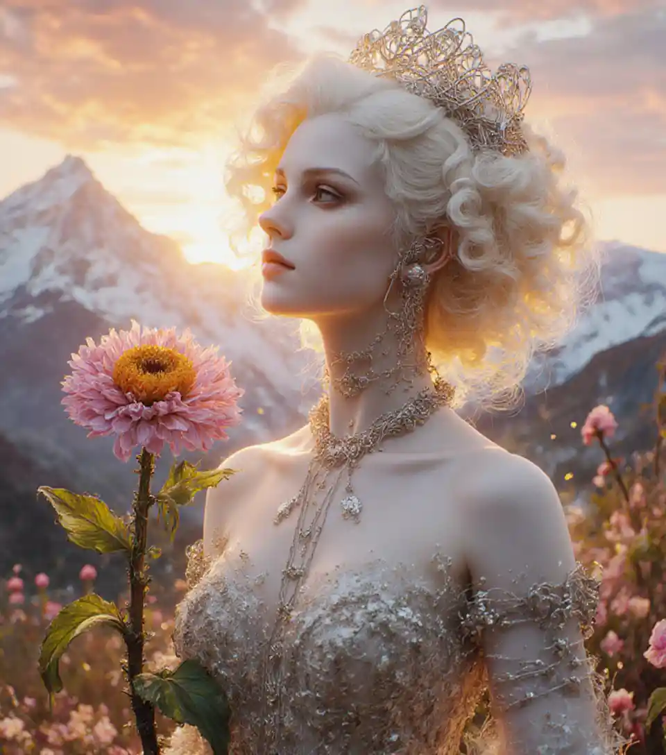 Elegante Frau im Abendkleid vor einem Sonnenaufgang in den Bergen