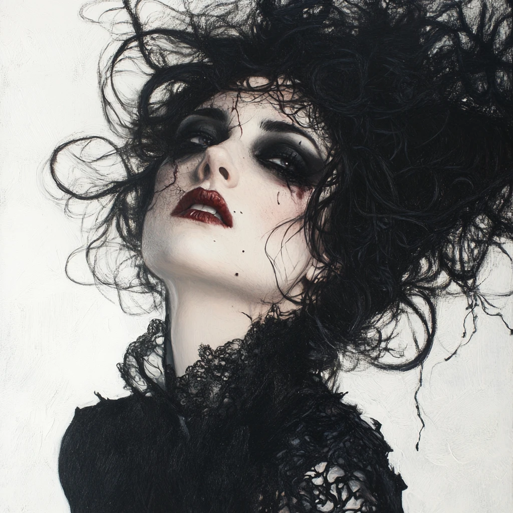 Mystical rococo witch with wild black hair on white