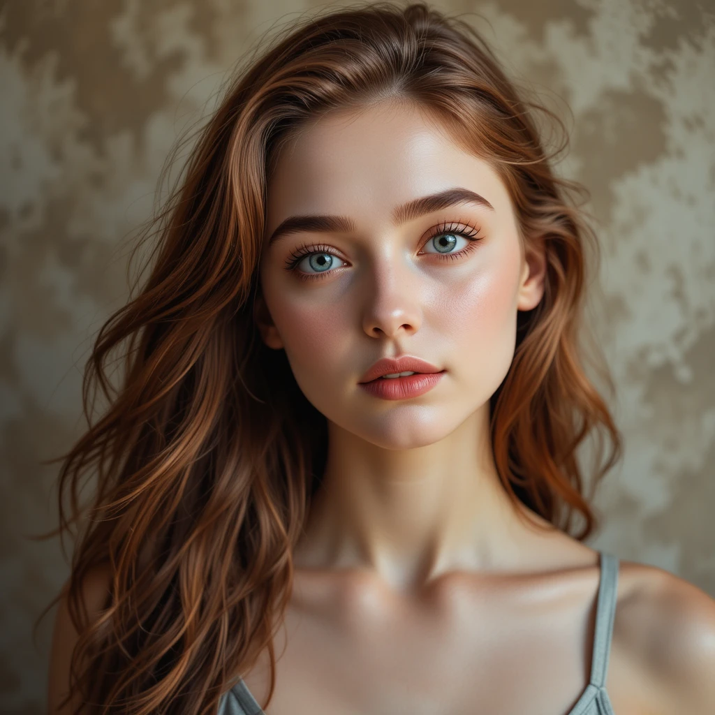 Serene auburn haired young woman portrait in soft light