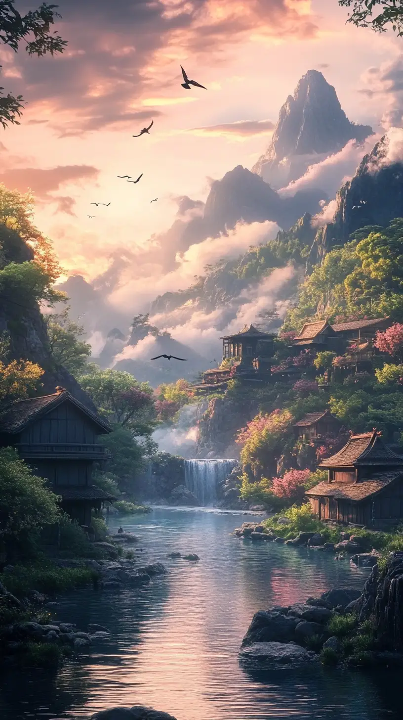 Mountain village river scene at sunrise with glowing clouds