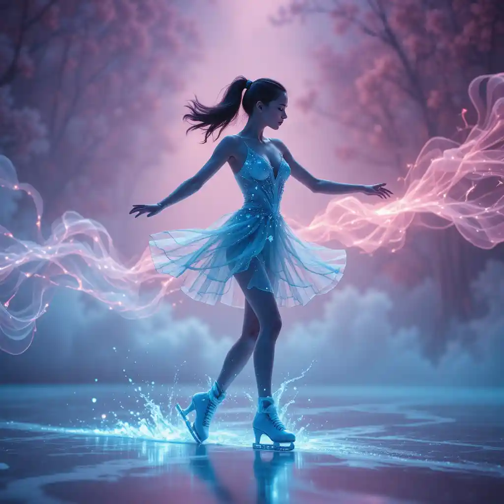 Figure skater surrounded by luminous echoing motion trails