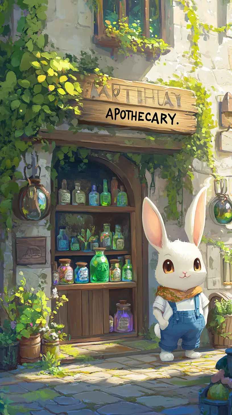 Cute Rabbit In Overalls Outside A Fantasy Apothecary