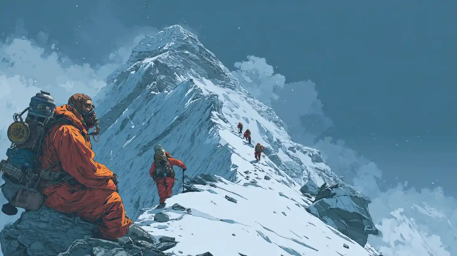 Mountain climbers reach a stormy snowy summit in color illustration