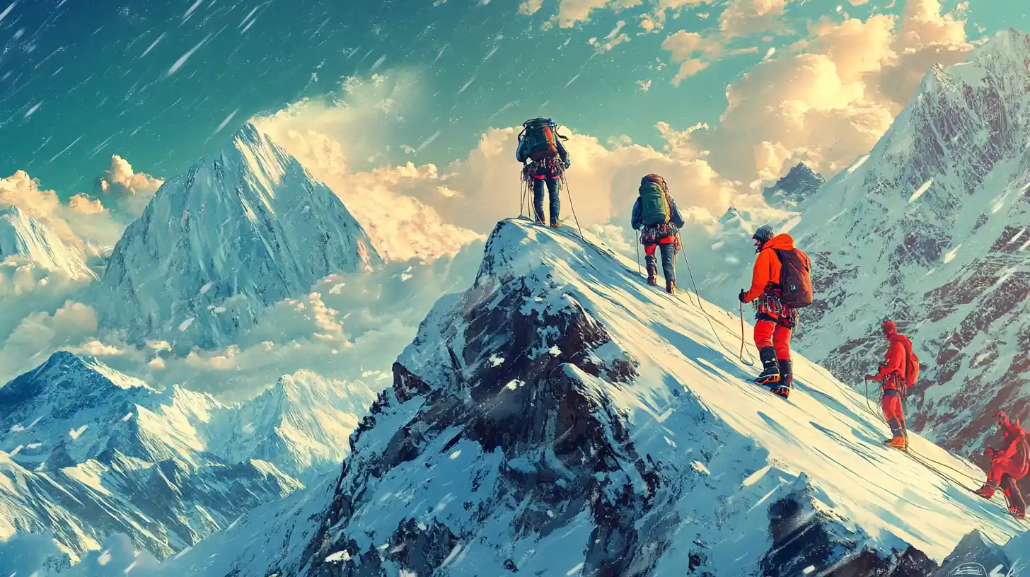 Mountain climbers reach a snowy summit in a fierce blizzard