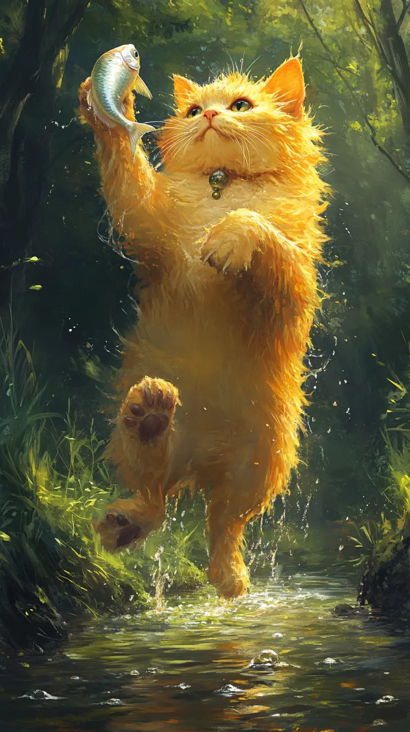 Wet yellow cat with fish on a sunny riverbank