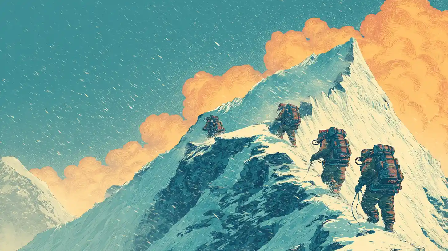 Mountain climbers reach a snowy summit in a fierce storm