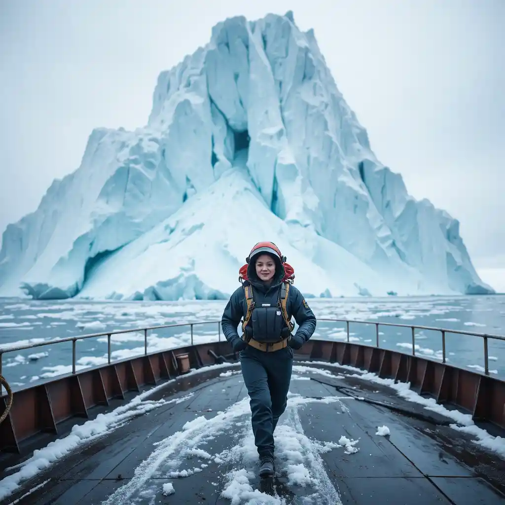 Woman running in arctic survival suit on icebreaker deck