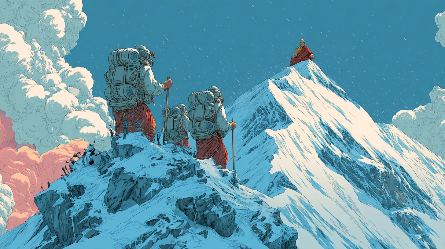 Mountain climbers reach a stormy snowy summit together