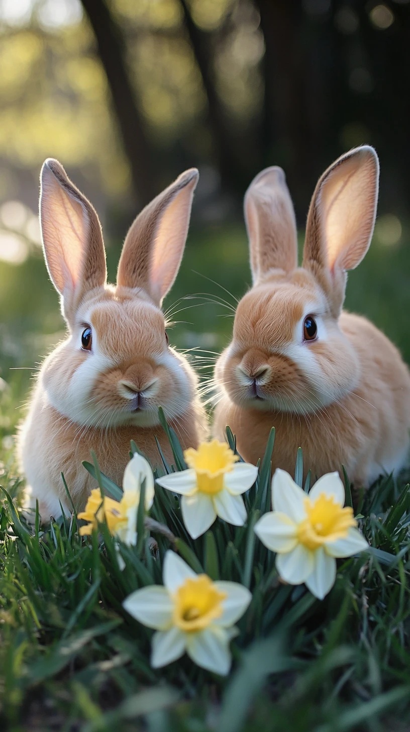 Two rabbits in spring grass with yellow daffodils
