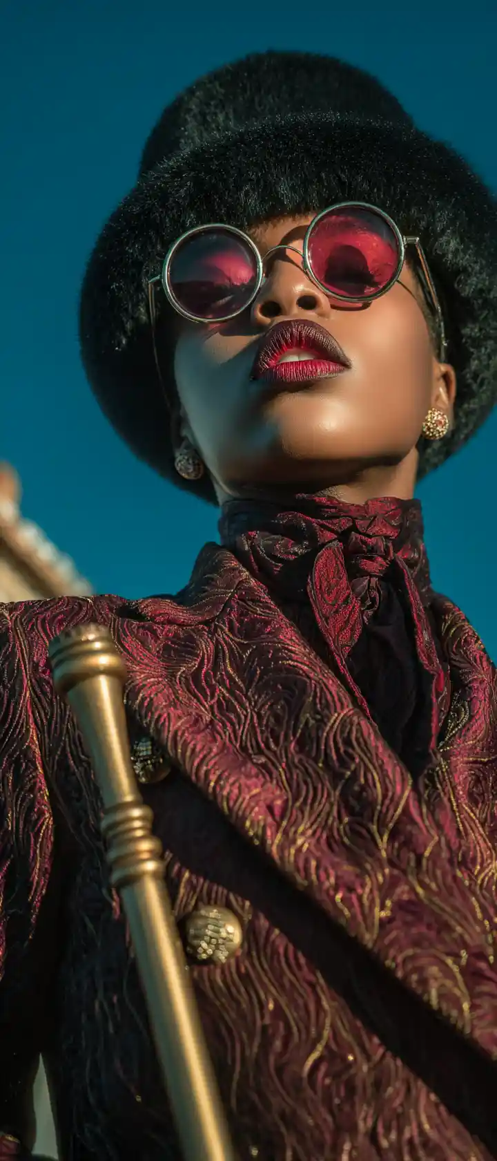 Afrofuturistic woman in burgundy coat with golden cane